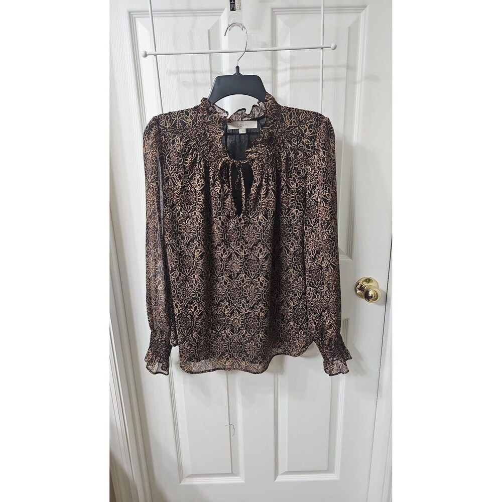 LOFT Black and Brown Floral Paisley Smocked Ruffle Neck Tie Blouse Size L